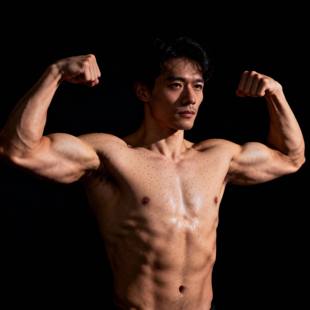 AI male fitness model in classic front double biceps pose in studio
