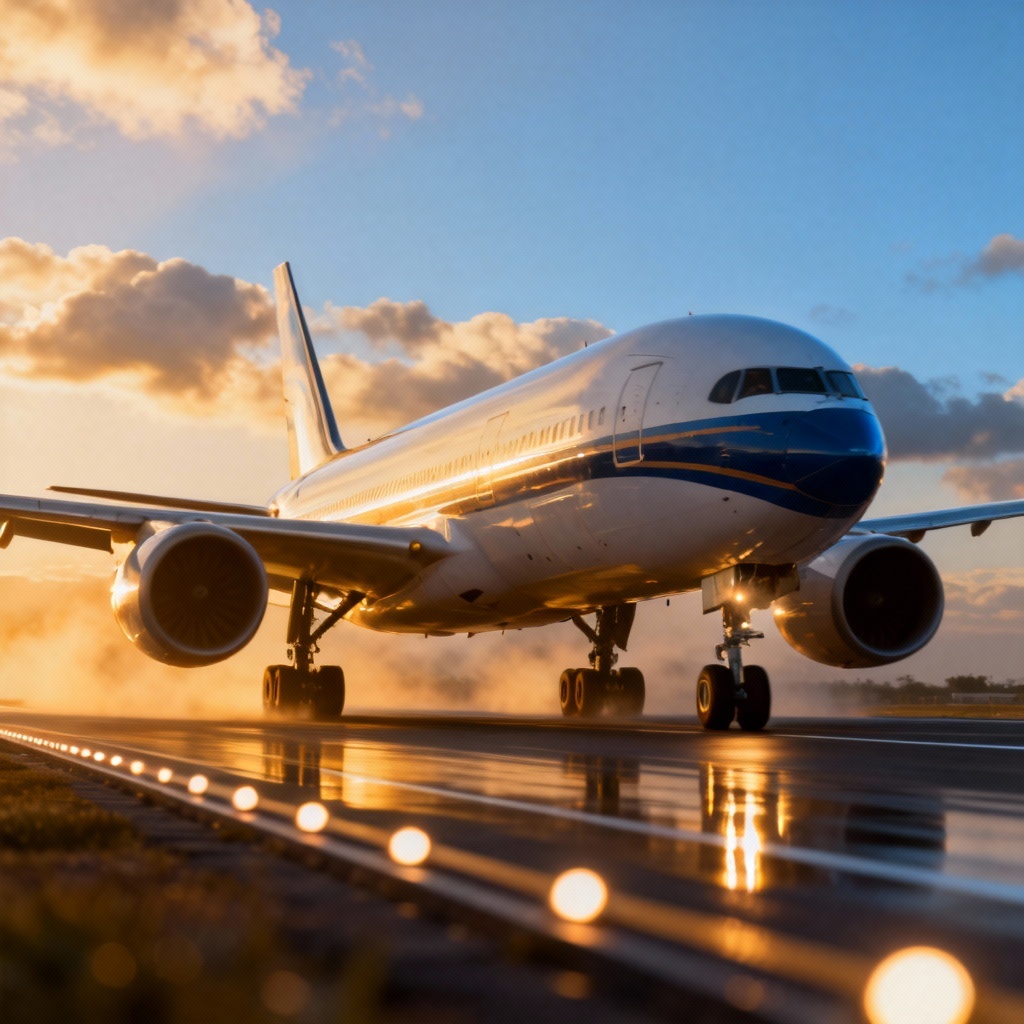 AI generated commercial airliner at sunset on runway