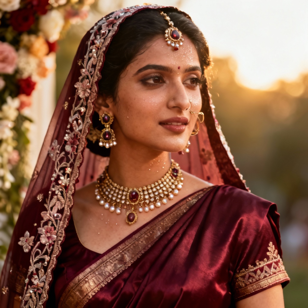 AI bridal maroon saree with veil and jewelry