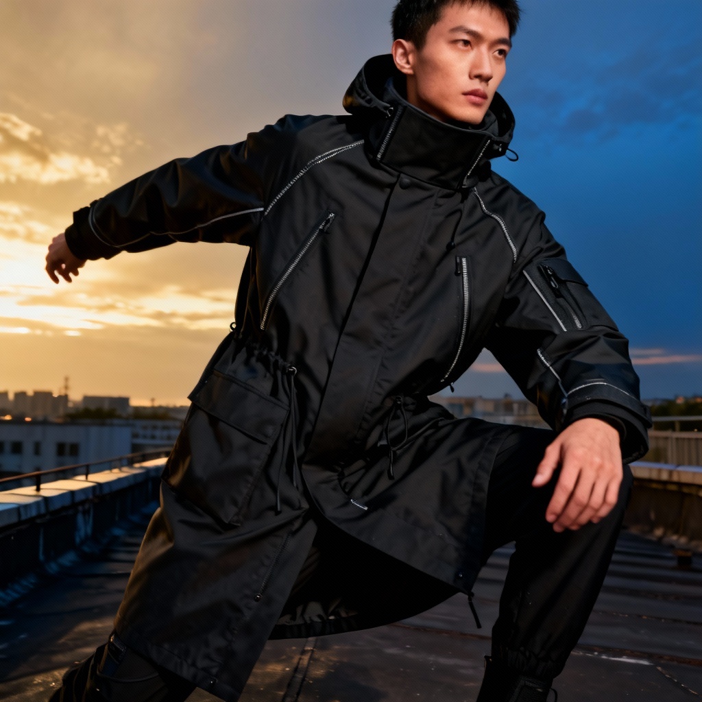 Techwear jacket with structured stand collar and hood