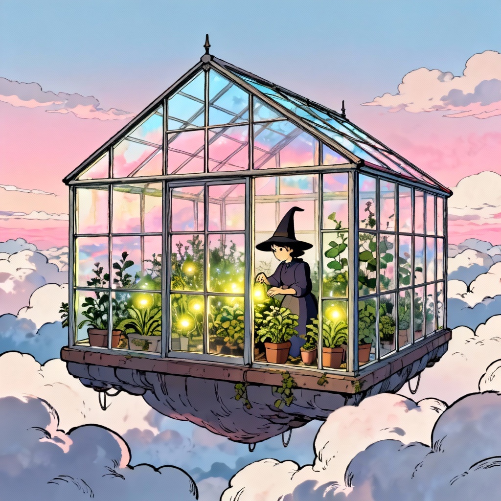 AI witch ghibli persona alchemist in a floating sky garden greenhouse