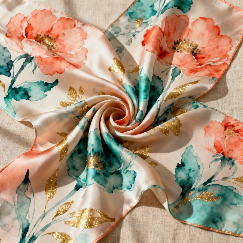 AI Silk Scarf Flat Lay with seamless floral pattern