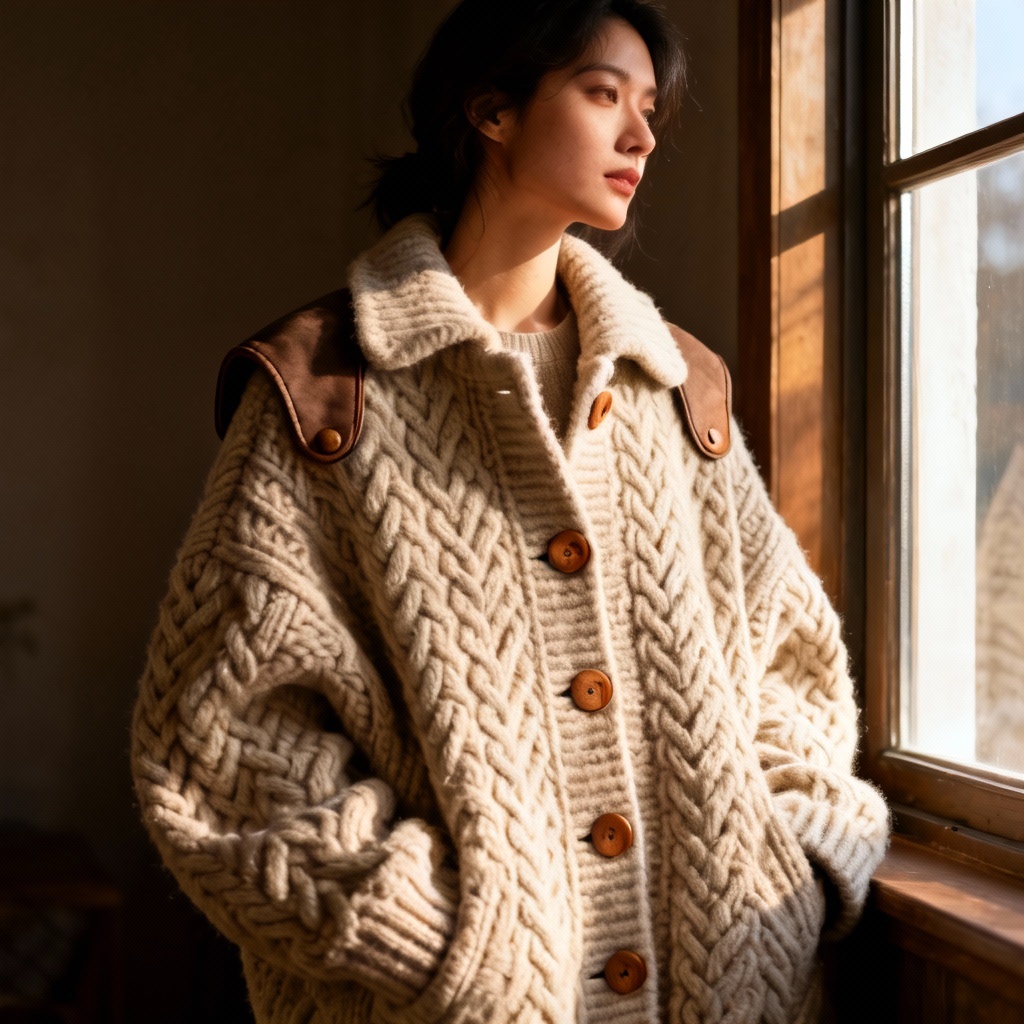 AI oversized fisherman cable knitted jacket