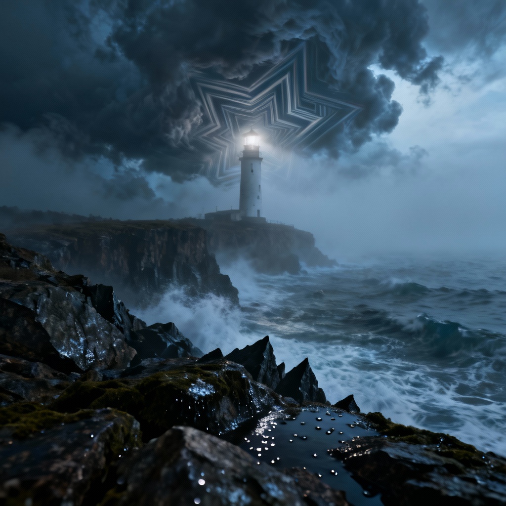 AI cosmic horror lighthouse on stormy cliff