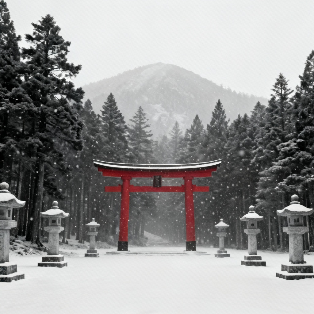 AI Zen mountain shrine with torii gate in a snowy cedar forest