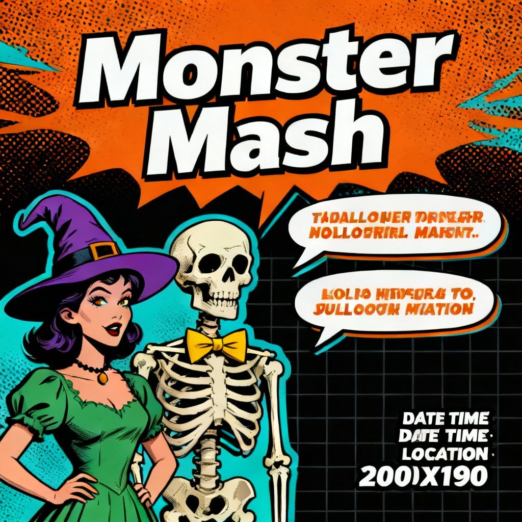 Retro comic Halloween invitation with bold halftone style