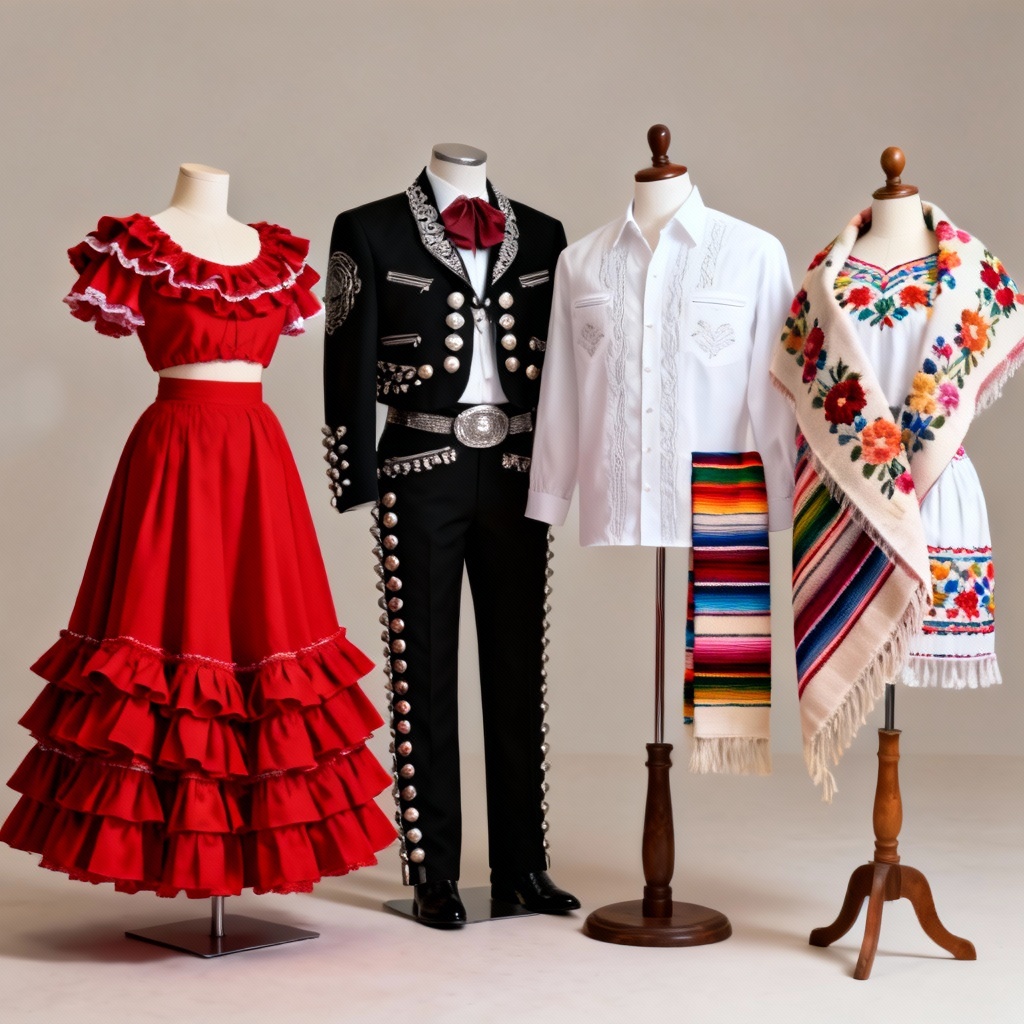 AI gallery of traditional and modern Mexican attire including charro suit, huipil, guayabera, and folklorico dress