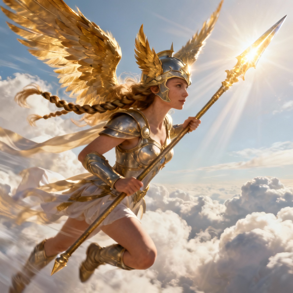 Valkyrie skybreaker warrior with winged helm in the clouds