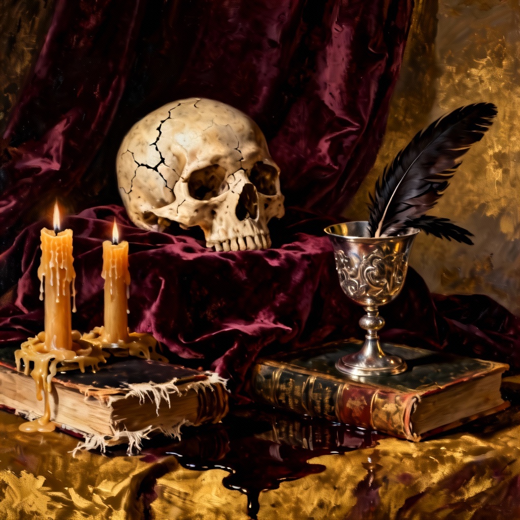 AI baroque gothic still life with skull and candles