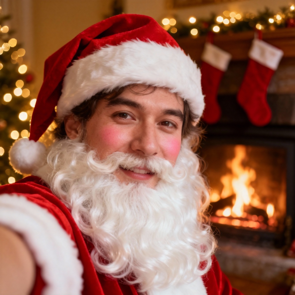 AI Santa selfie with fireplace and stockings