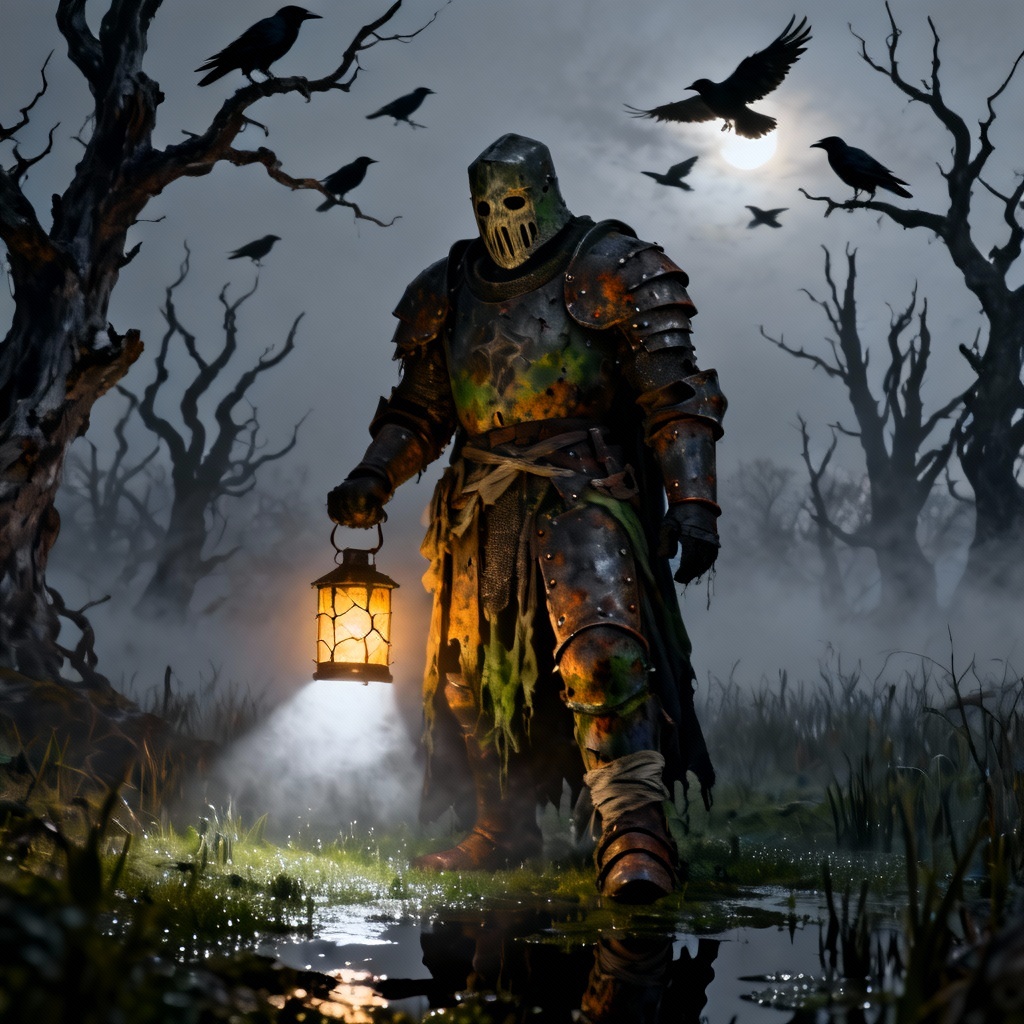 AI grimdark paladin with a lantern on a foggy moor