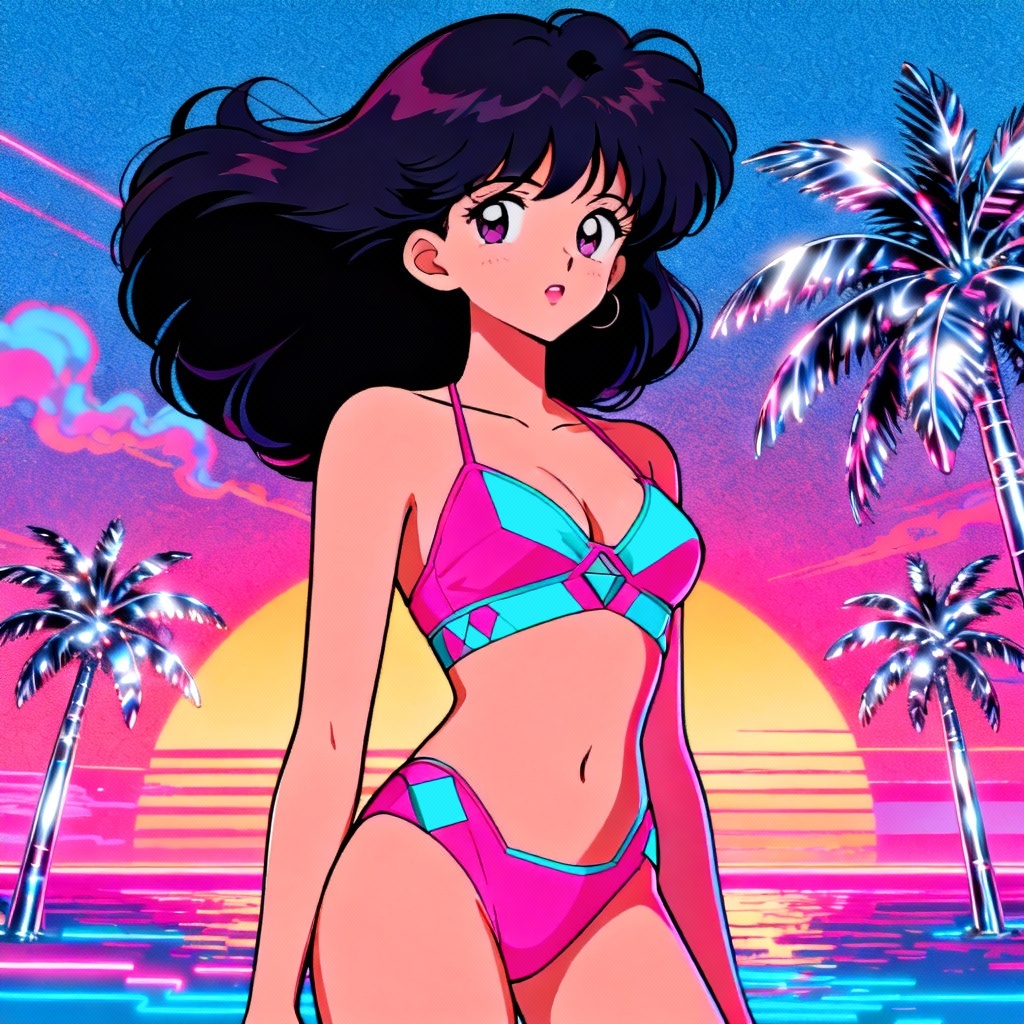 Retro neon anime waifu in 80s style bikini by the shore