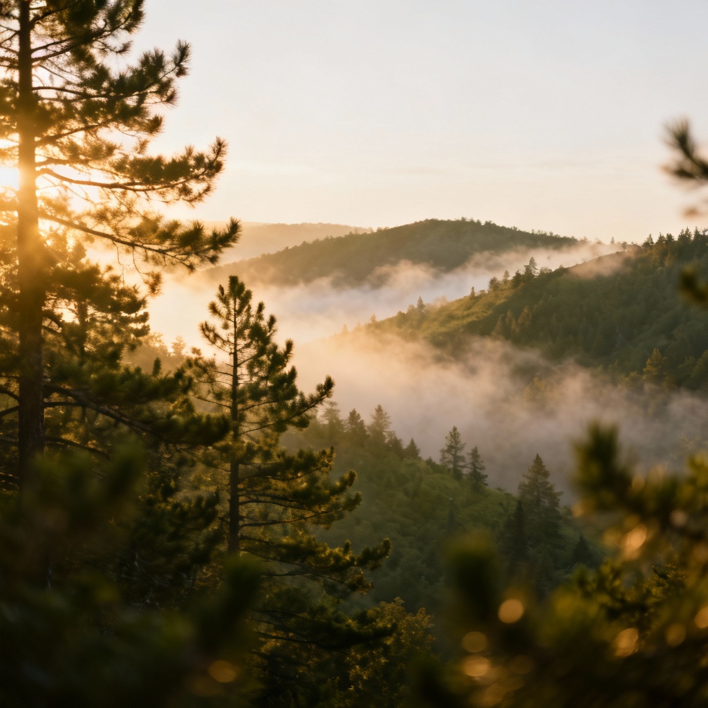AI soft atmosphere misty forest with sunbeams