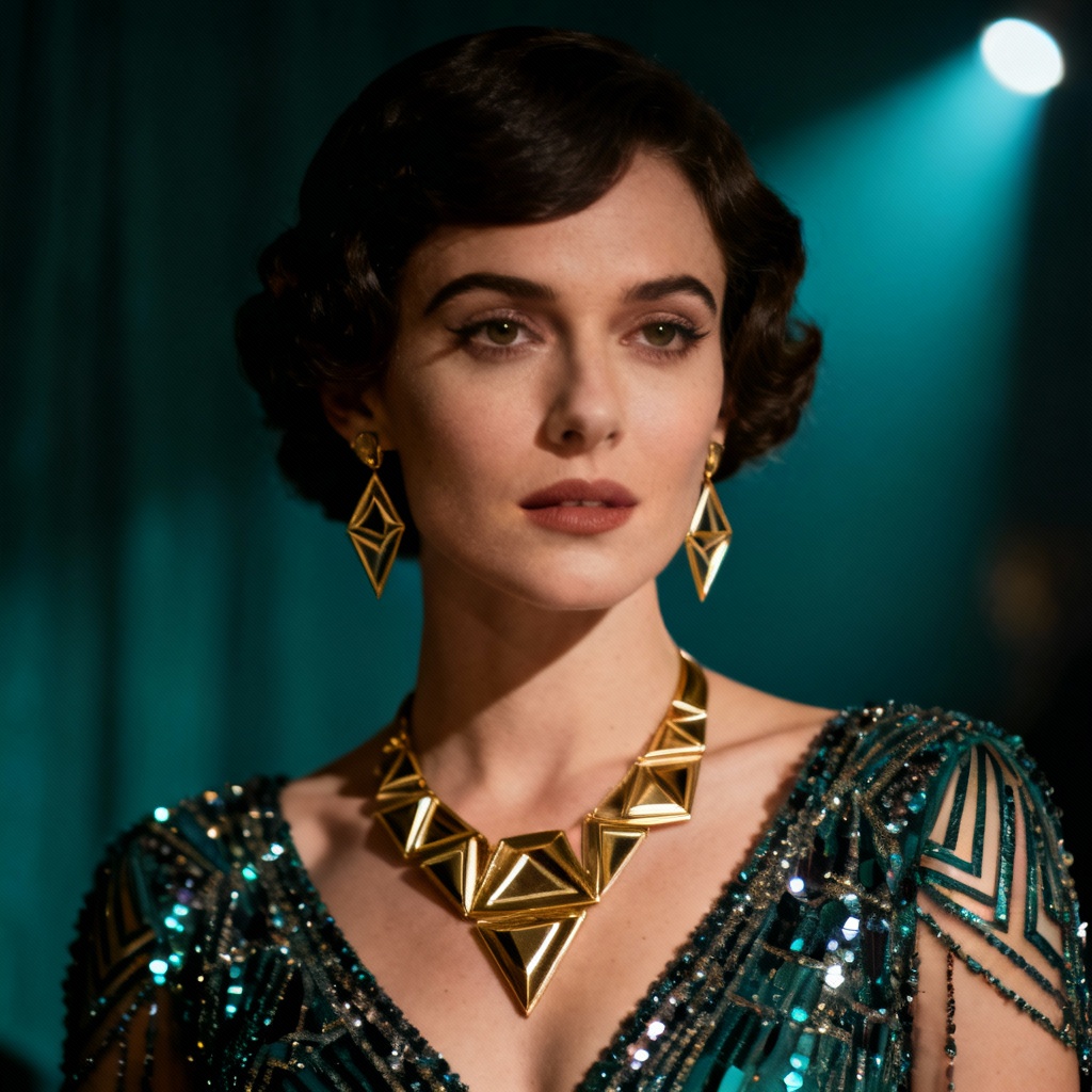 AI art deco evening elegant woman with teal and gold accents