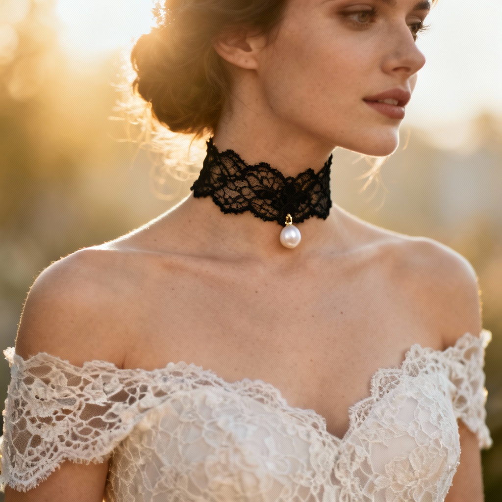 Bridal look with black lace choker and gown