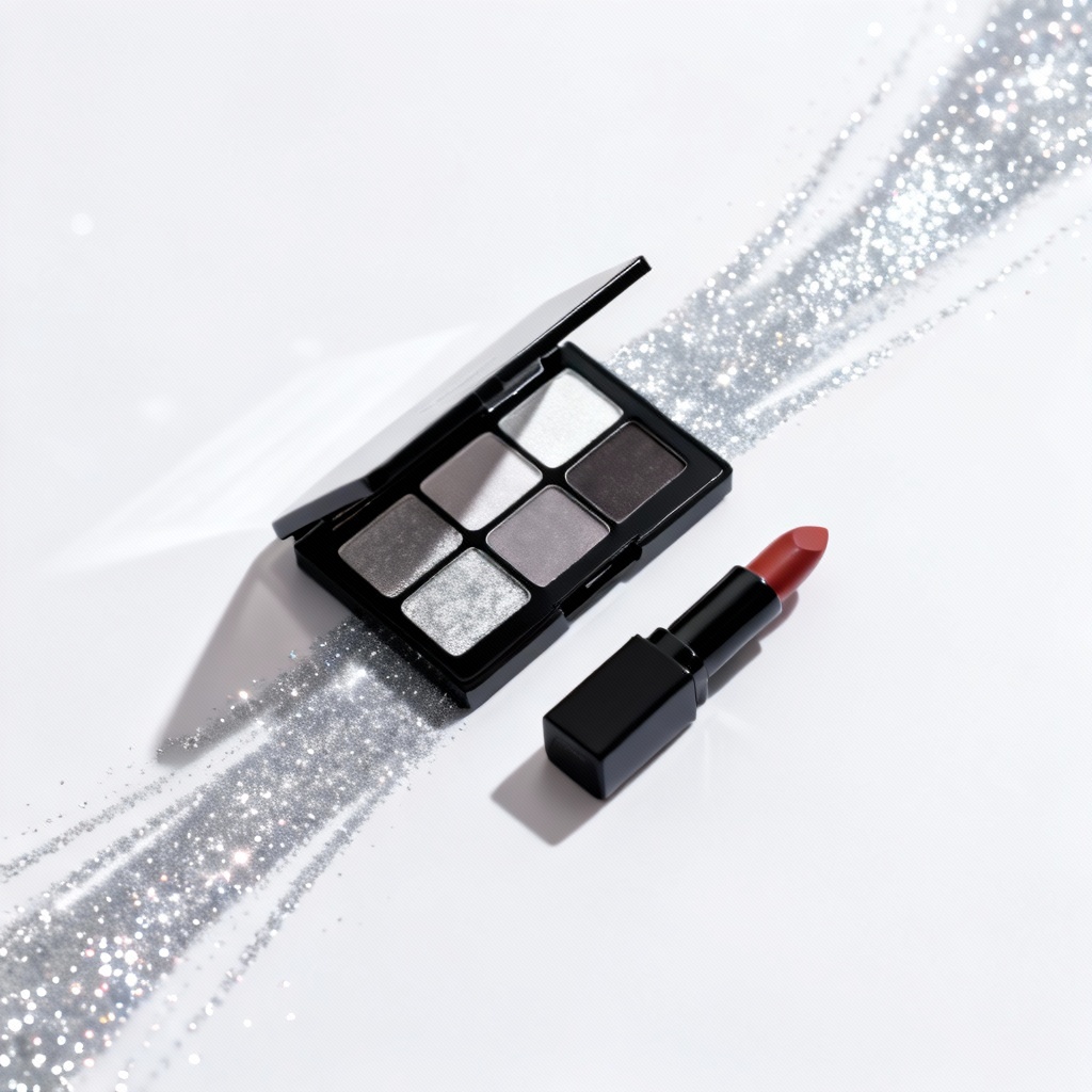 AI flatlay with shimmer sparkle overlay on cosmetics