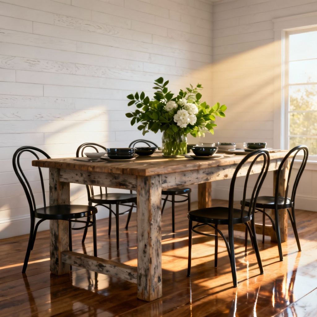 AI modern farmhouse dining room with morning sun and crisp beams