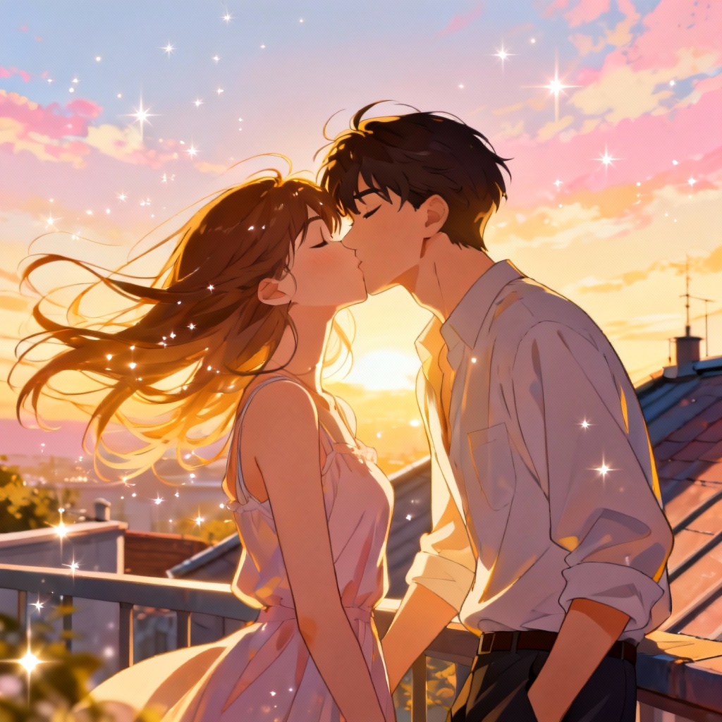 AI anime sunset French kiss