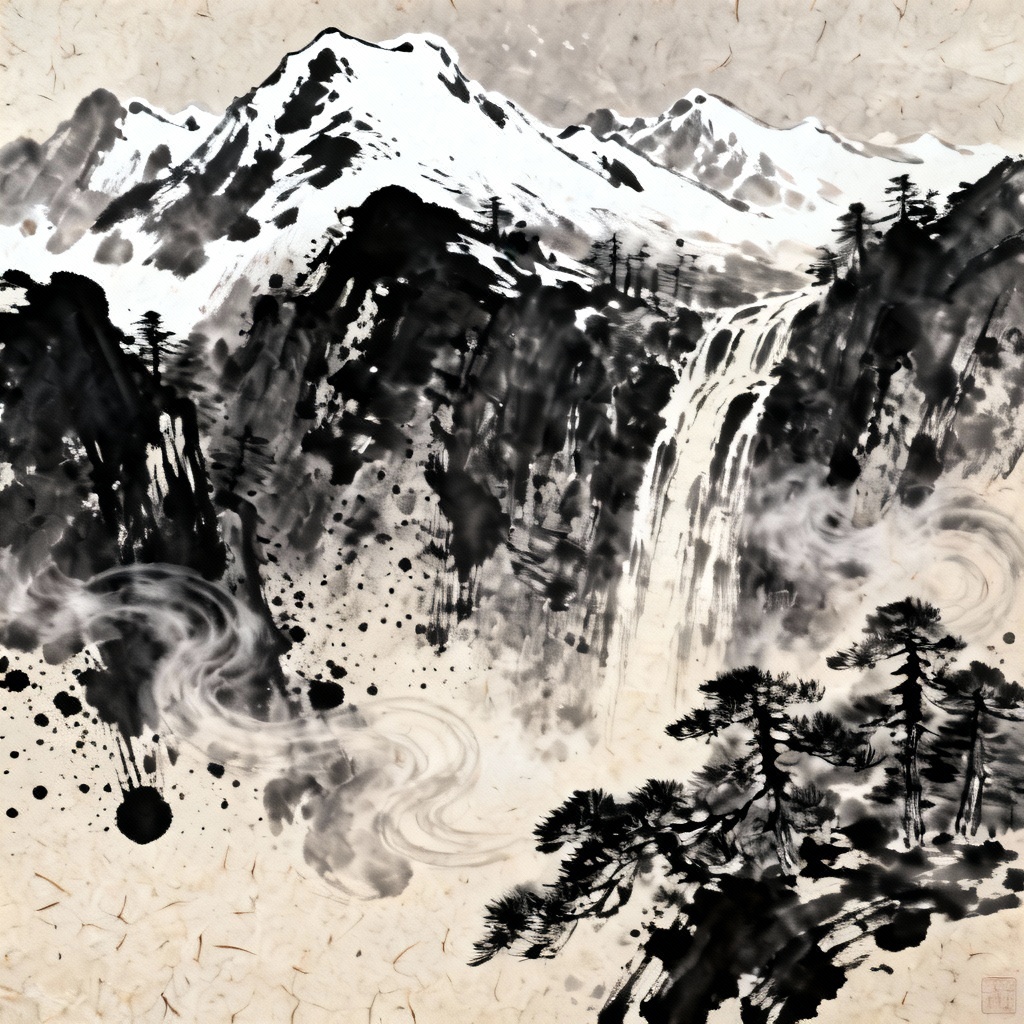 AI xieyi expressive snowy mountain waterfall