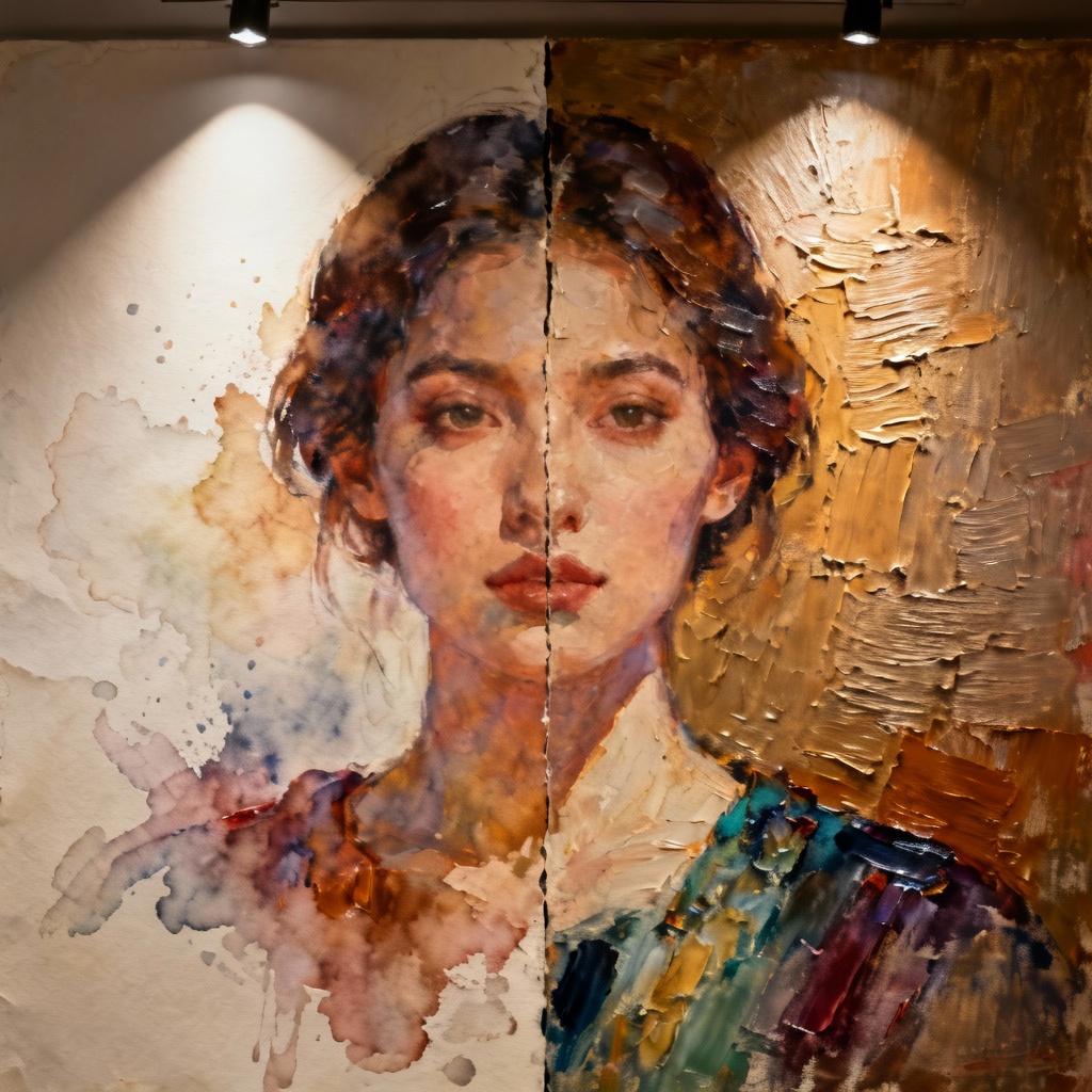 AI watercolor vs oil painting split portrait