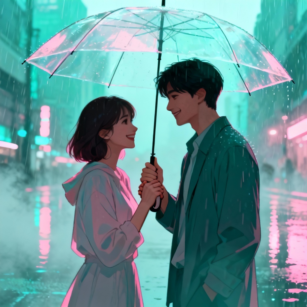 AI romantic rain stroll with soft aesthetic