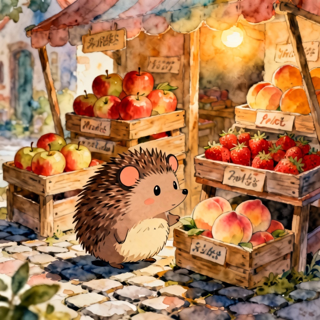 Cute hedgehog at a tiny village market in Ghibli style