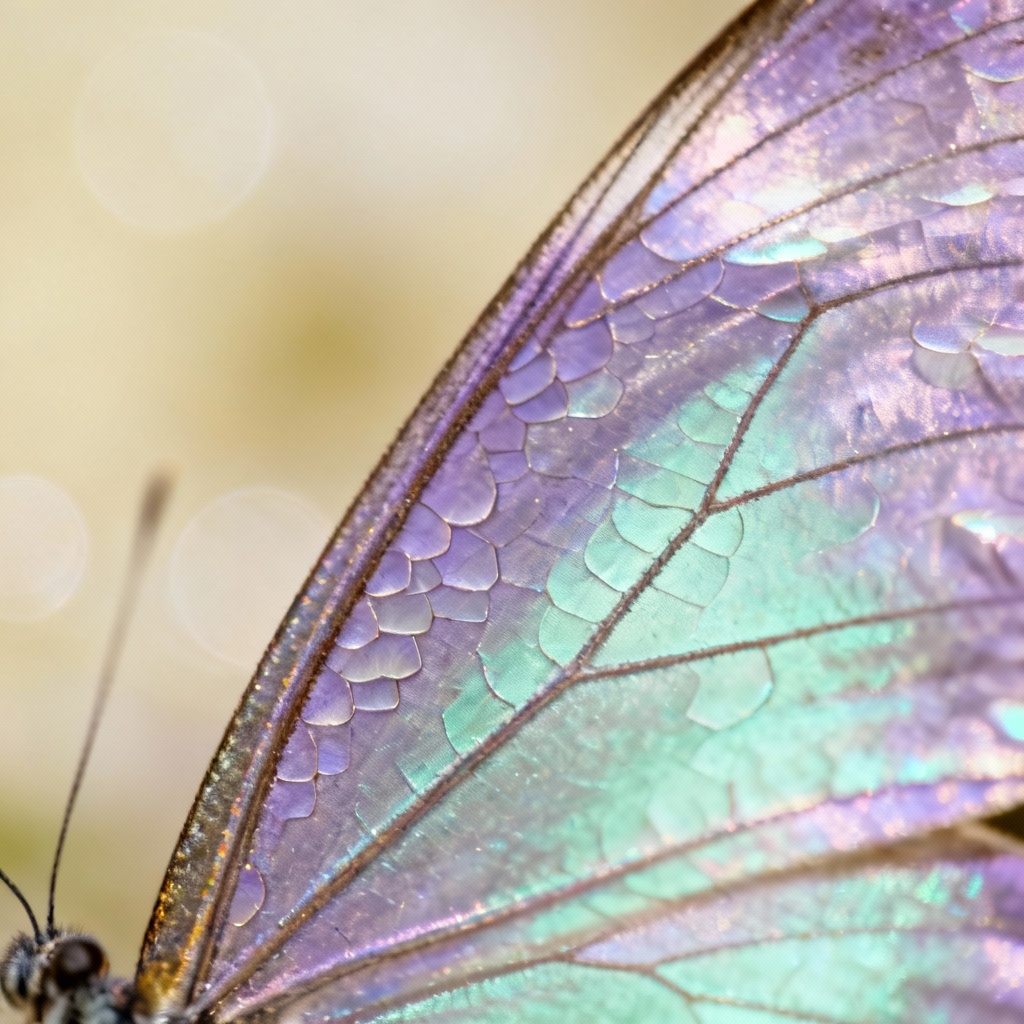 Delicate macro of butterfly wing with pastel iridescence
