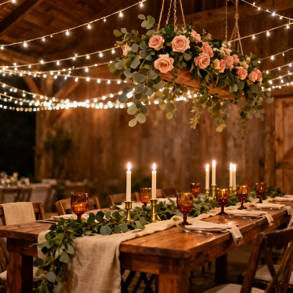 AI rustic barn wedding decor with candles and greenery runners