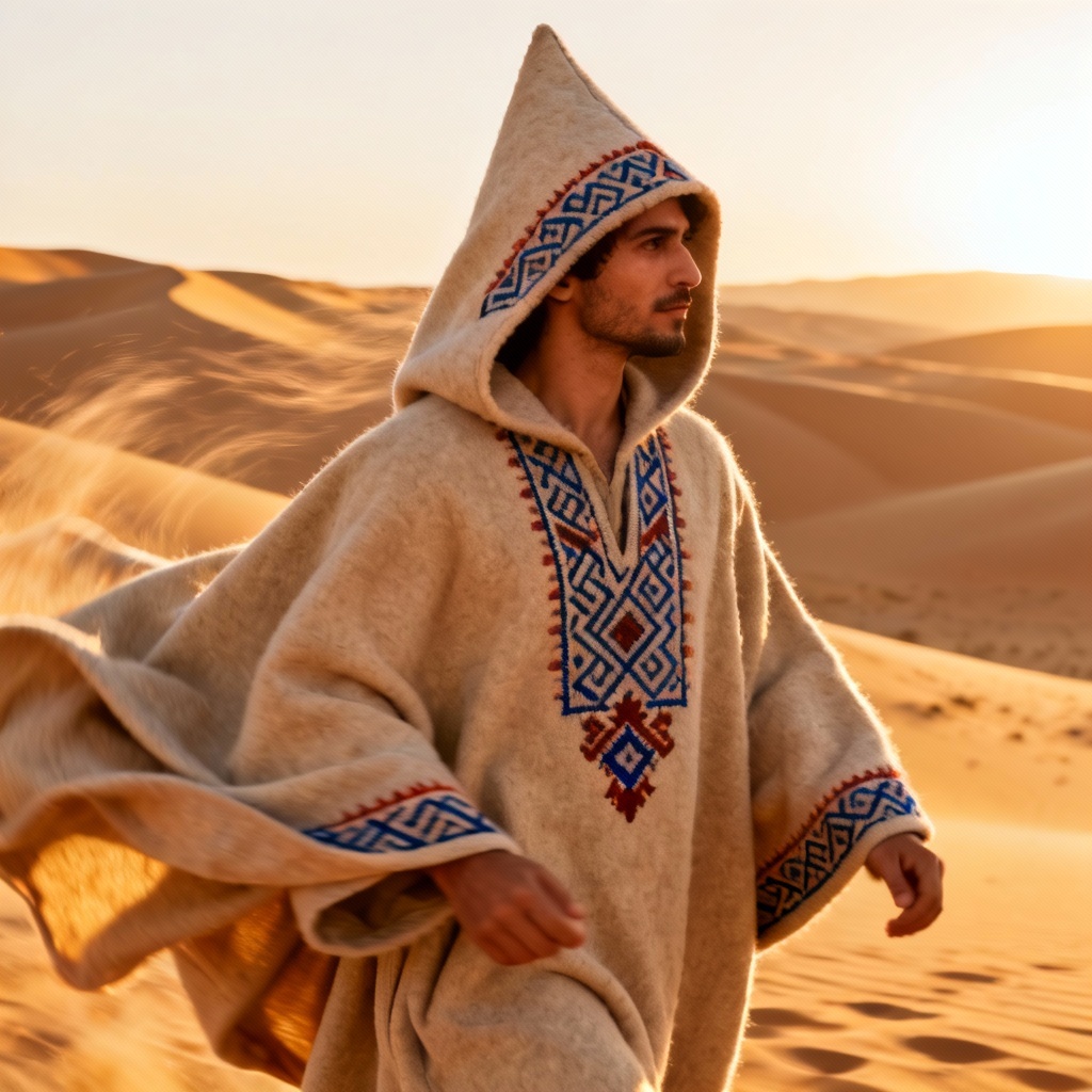 Hooded djellaba with Amazigh Berber motifs