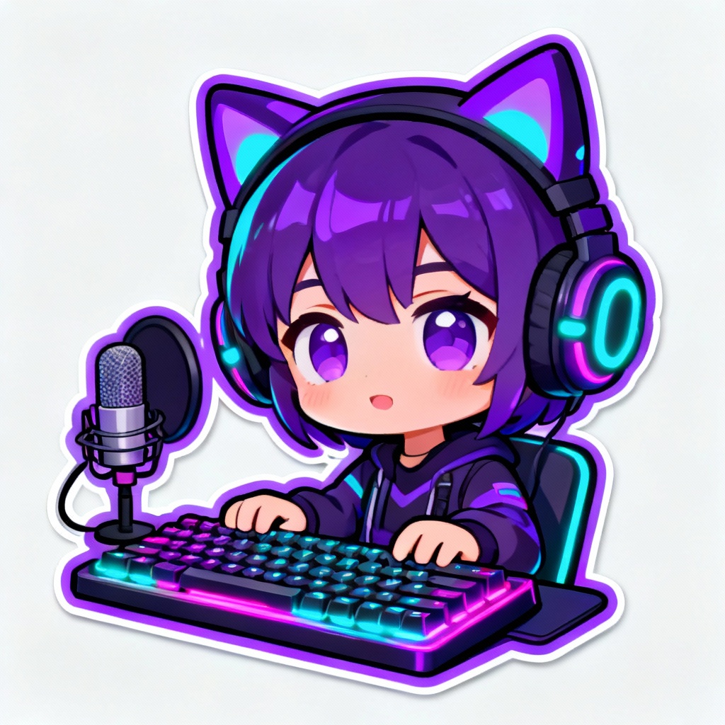 AI chibi gamer with headset at RGB desk