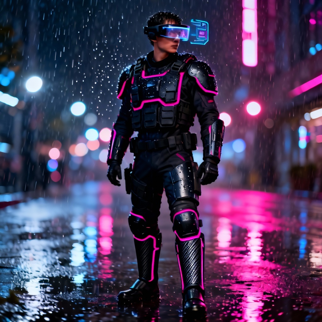 AI cyberpunk battle suit with neon accents in rainy city