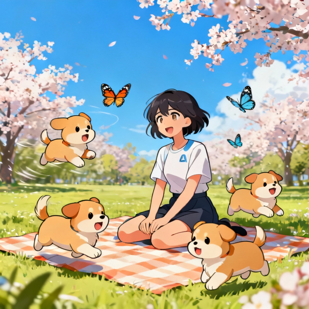 Anime style AI surrounded by puppies at a park picnic