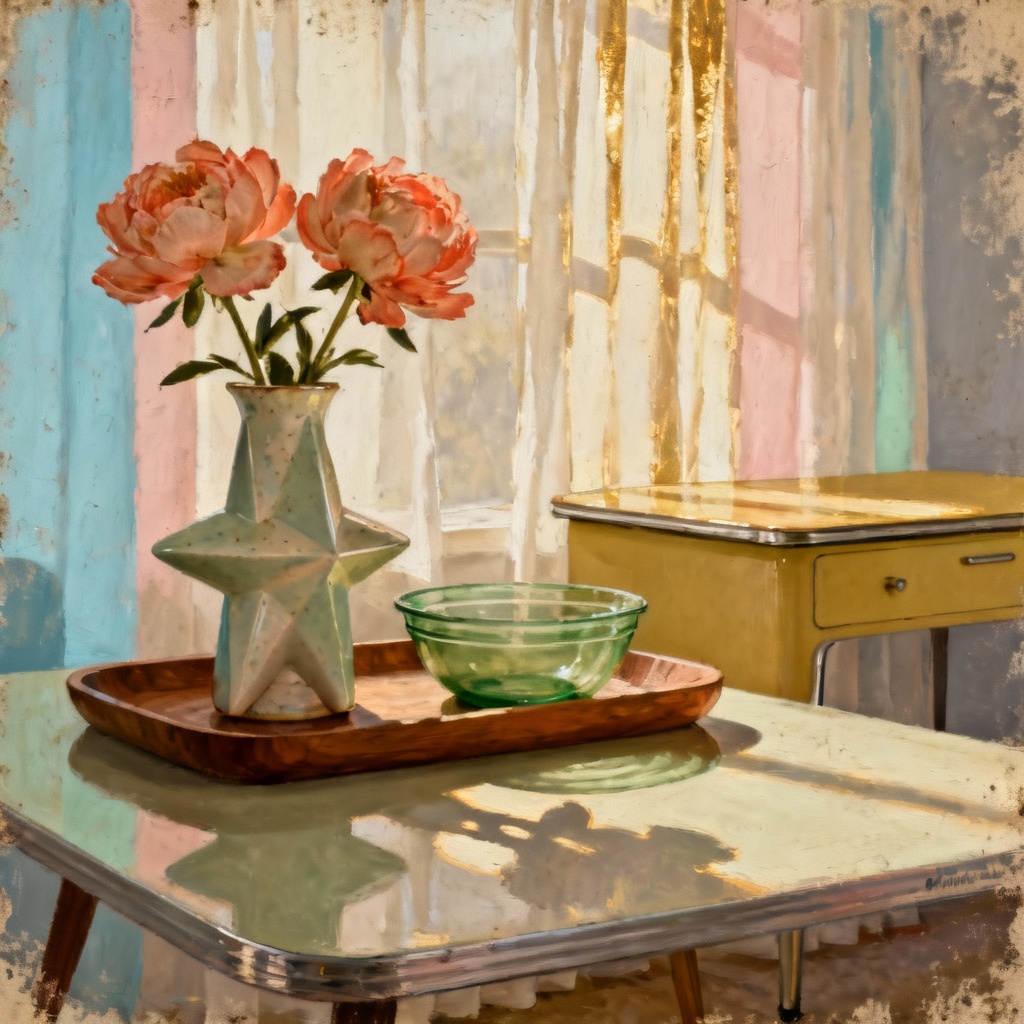 Vintage living room still life with pastel wash and vignette
