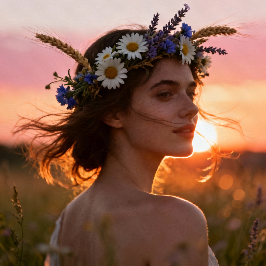 AI boho wildflower crown with meadow flowers at sunset