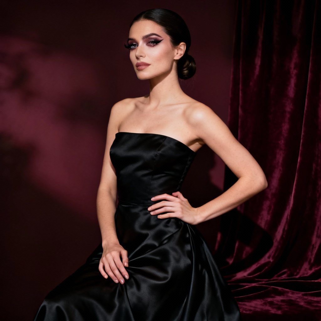 AI fashion editorial elegant woman in black satin gown
