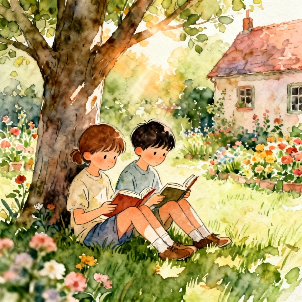 Watercolor illustration of kids reading under a tree