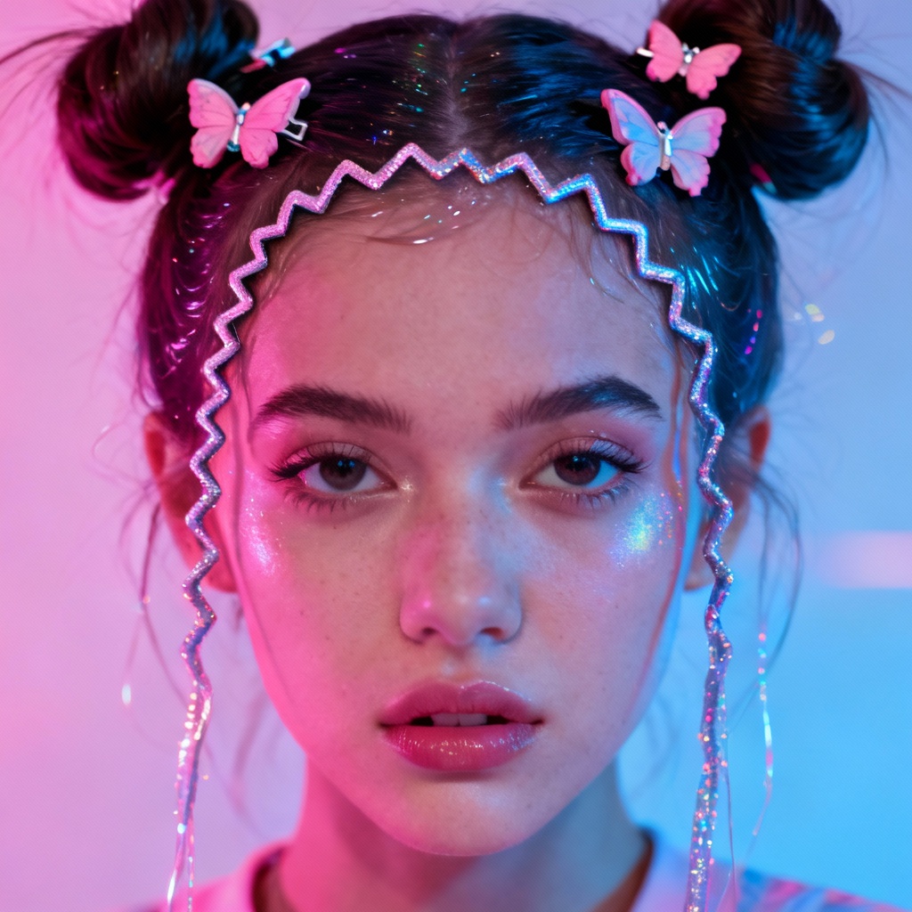 AI Y2K space buns hairstyle with butterfly clips and zigzag part