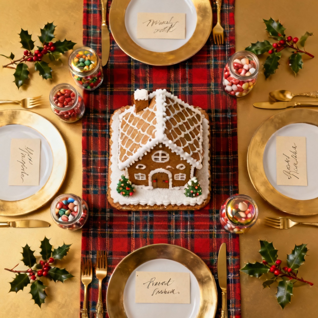 AI Gingerbread Party Tablescape with centerpiece and tartan runner