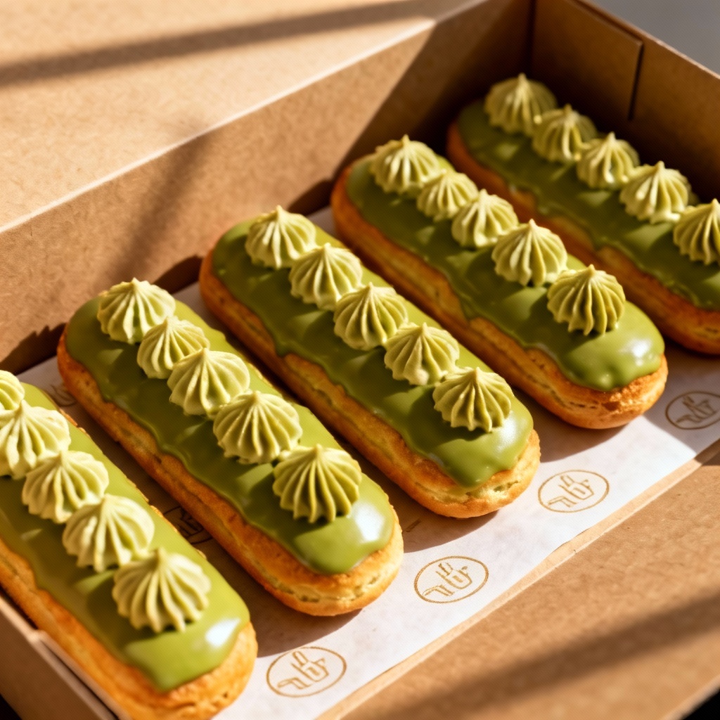 AI matcha éclairs in a kraft pastry box