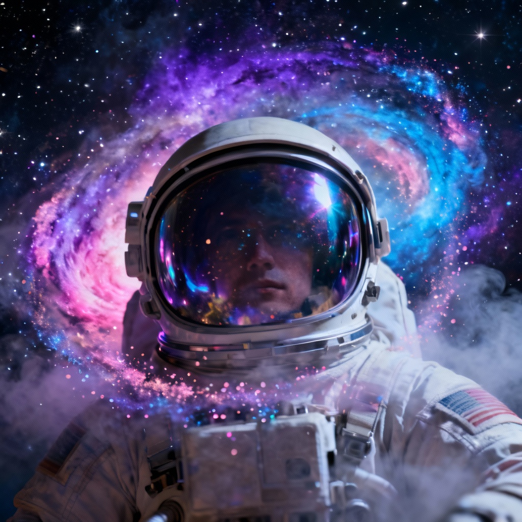 Astronaut helmet with cosmic galaxy halo aura