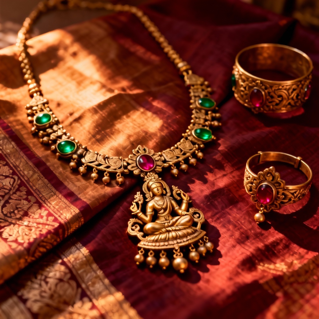 AI temple jewelry rani haar with Lakshmi motifs and kemp stones