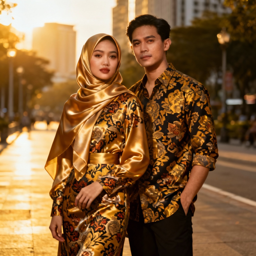 AI Indonesian batik themed hijab couple editorial