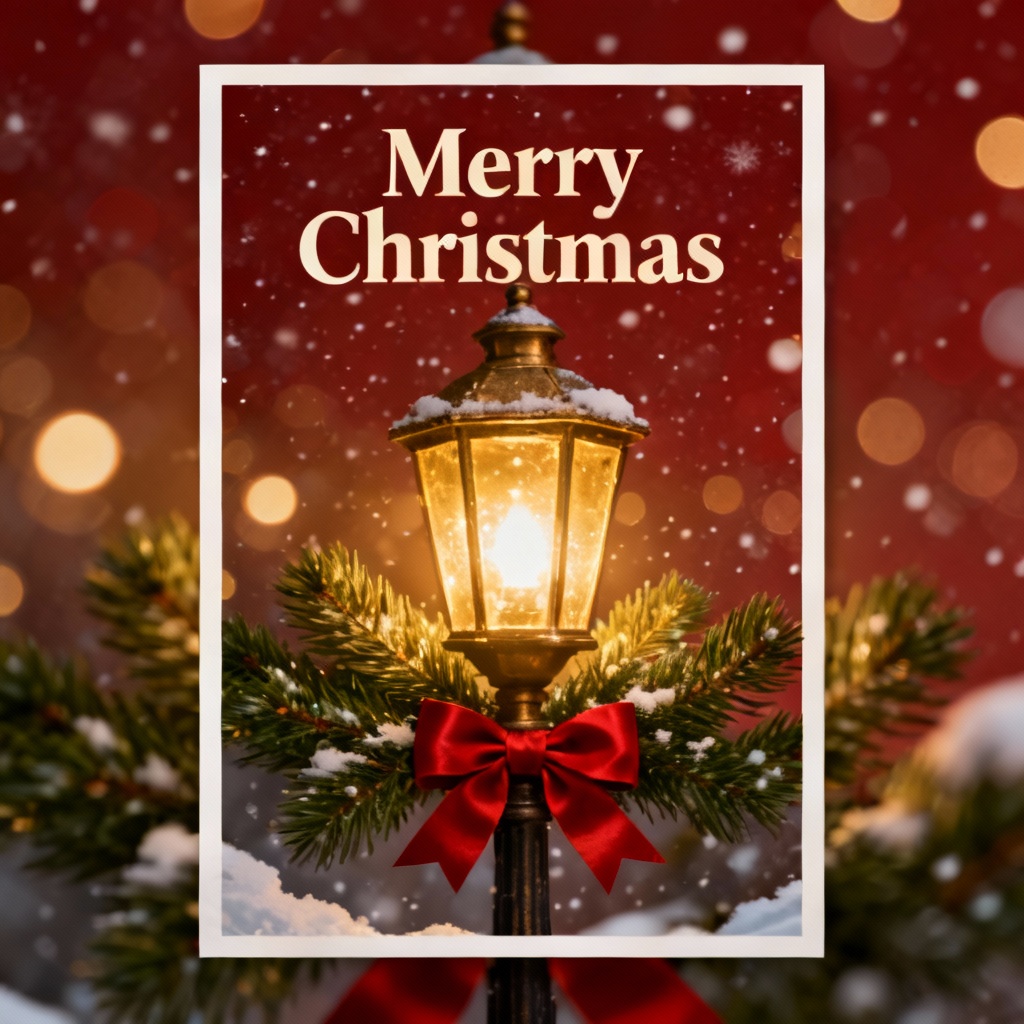 AI generated Christmas lamp poster with glowing lantern, pine branches, and snow