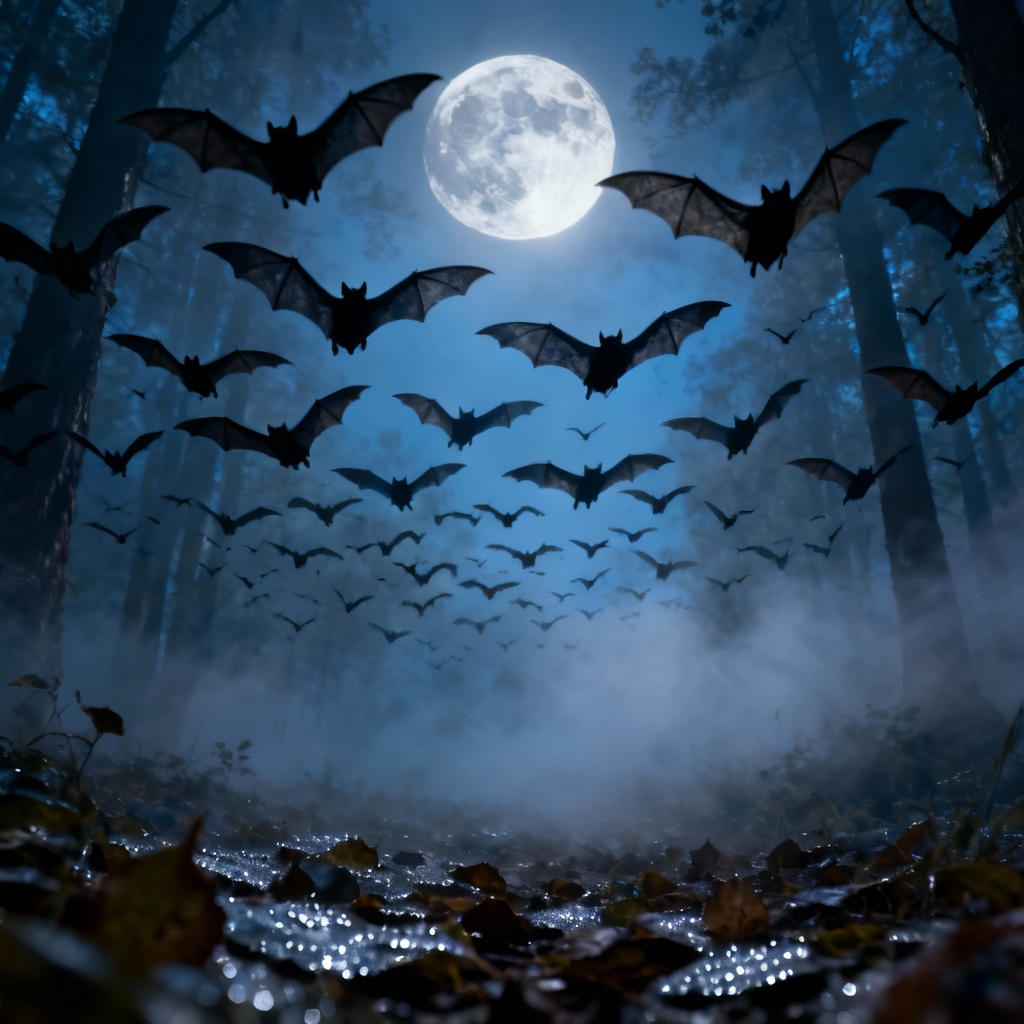 AI bats swarm over moonlit forest