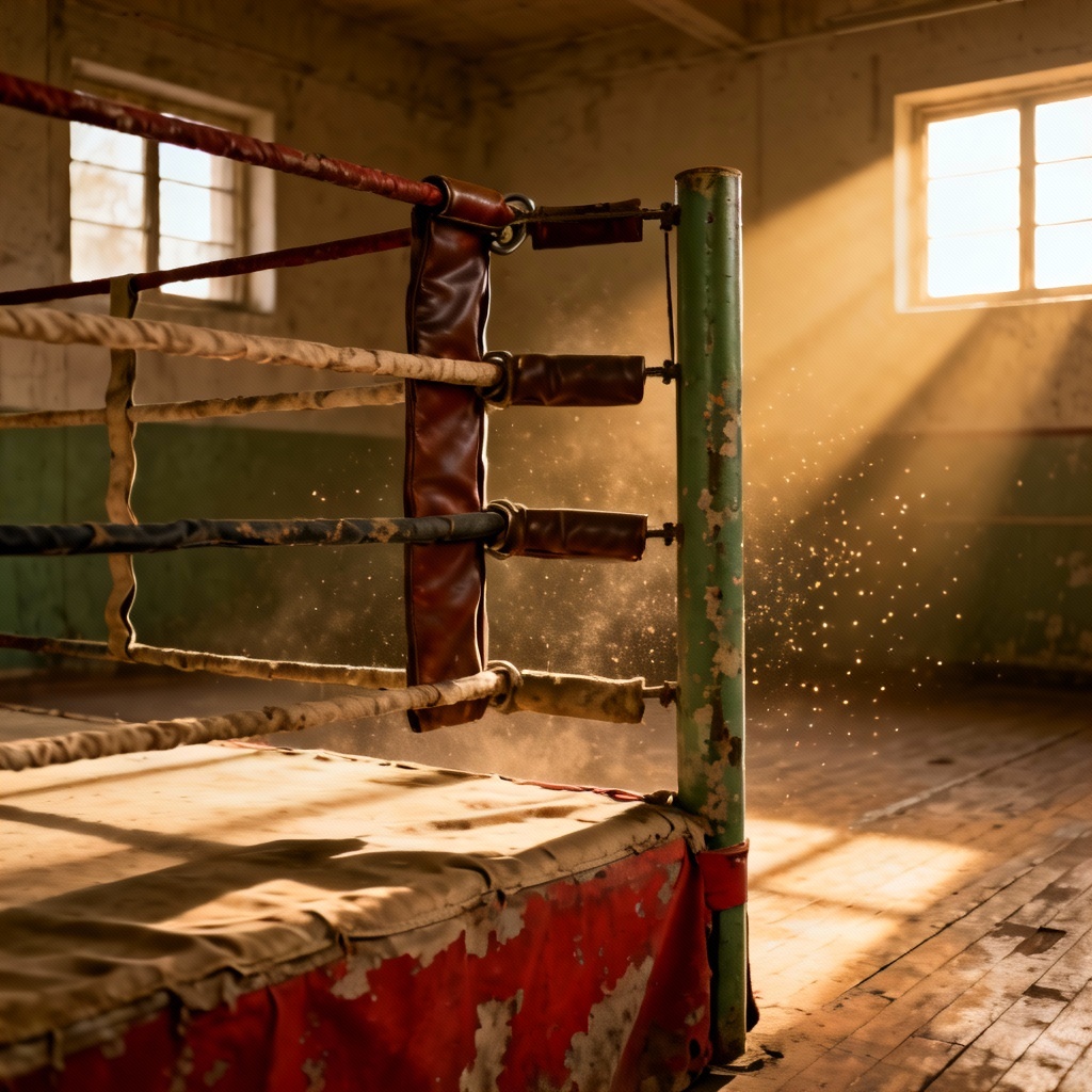 Classic boxing gym ring with sunlight beams and wooden floors