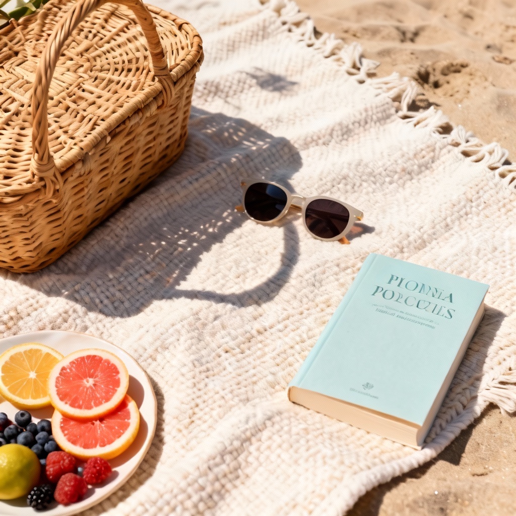 AI beach picnic flatlay with fruits and woven textures