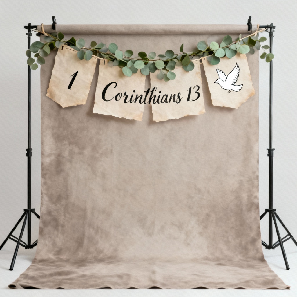 AI wedding backdrop with scripture banners and greenery