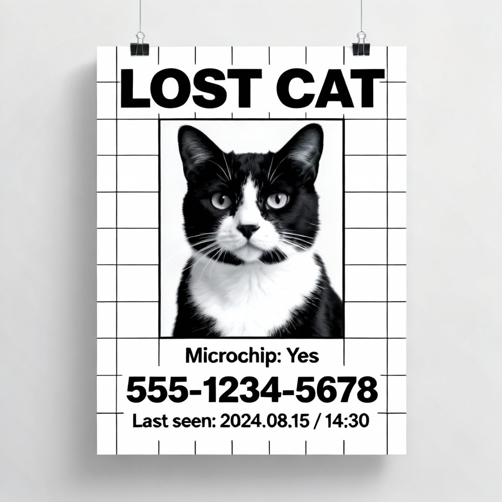 AI lost cat poster in minimalist black and white