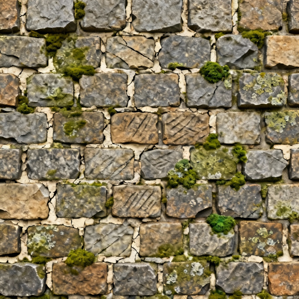 AI generated mossy medieval stone wall seamless 4K texture