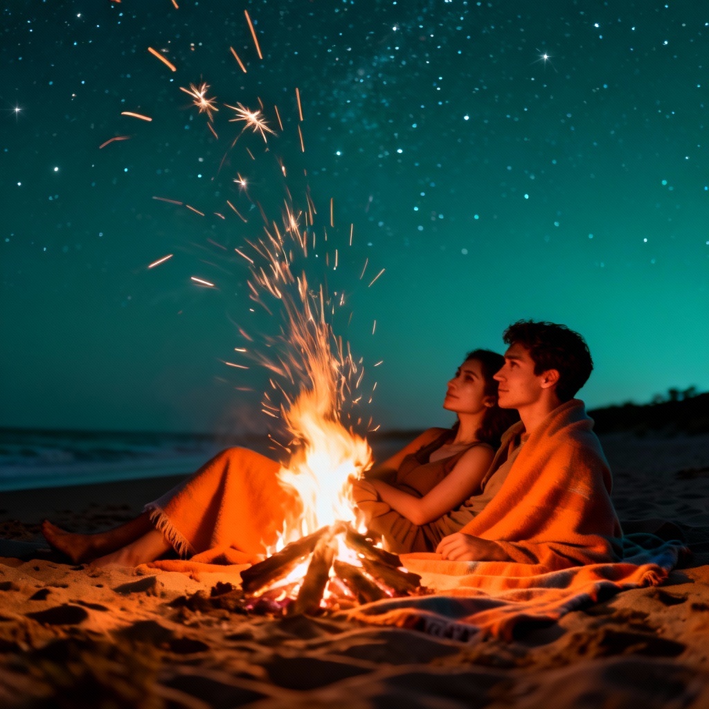 AI beach bonfire anniversary scene